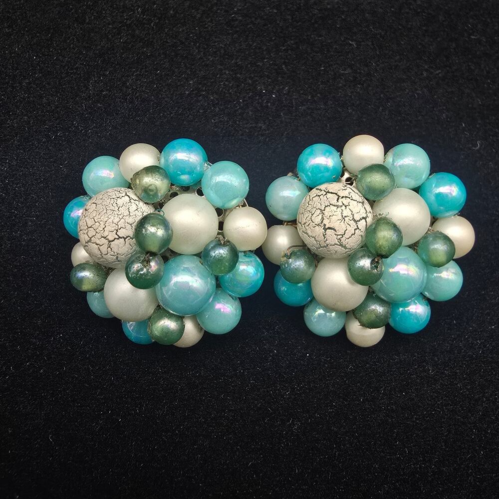 Blue Japan Beaded Clip On Earrings Vintage Costume Jewelry